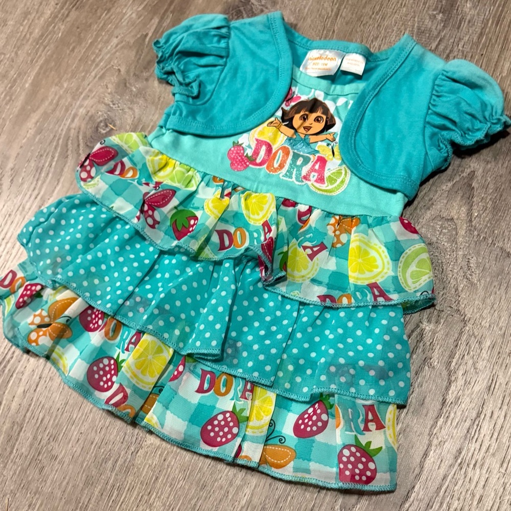 Dora the Explorer Baby Dress 18M | Nickelodeon Turquoise Ruffle Print Tiered - Picture 4 of 4